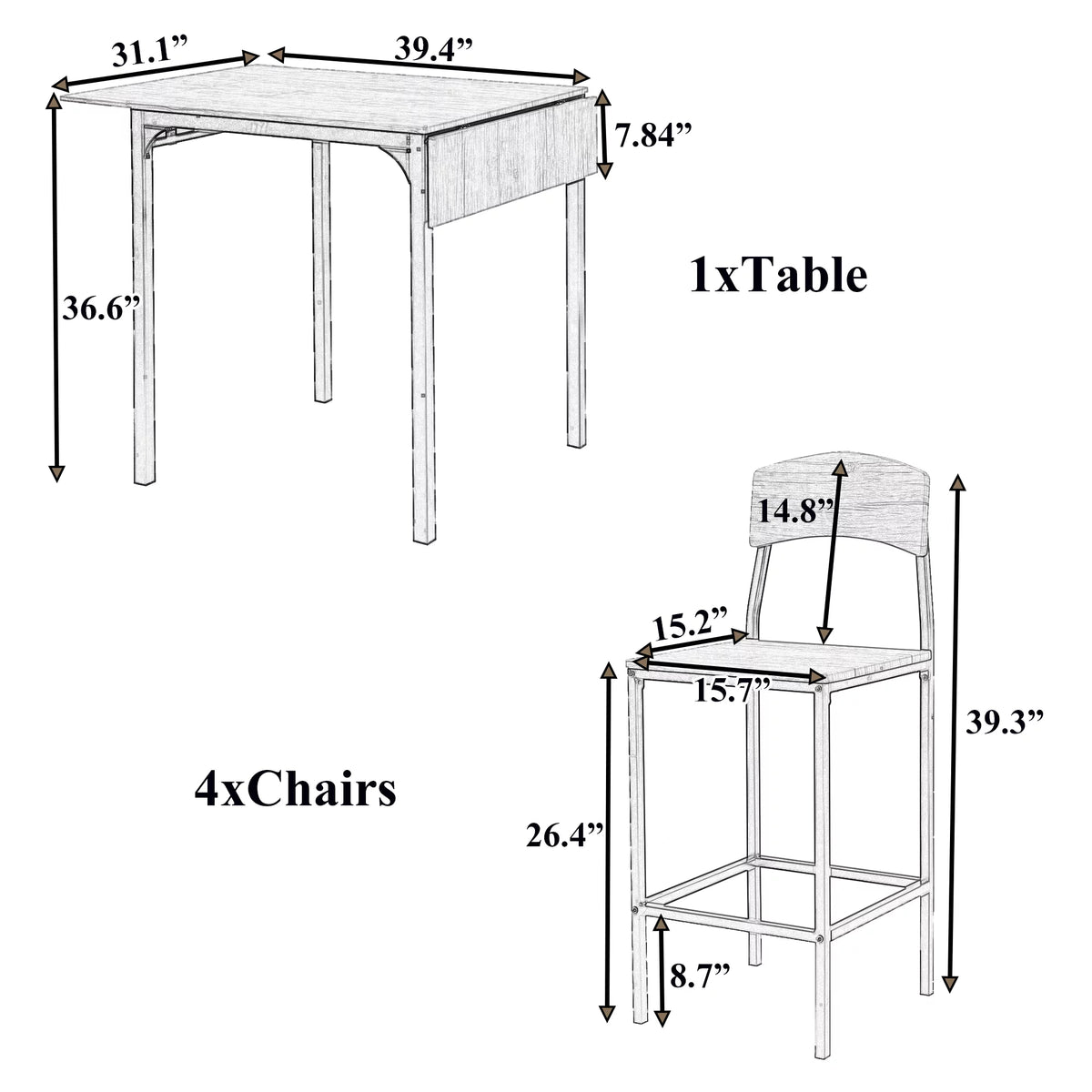 5 Piece Counter Height Dining Table Set with Drop Leaf and 4 Chairs P1823