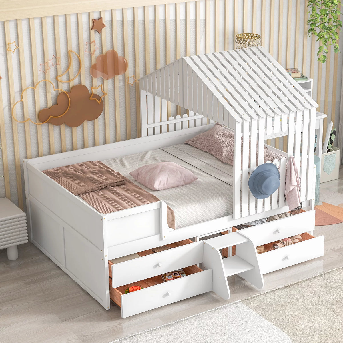 Full Size Low Loft Bed with Four Drawers White I541208