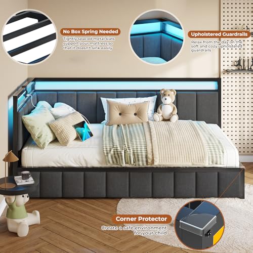Full Size Corner Bed Frame with 2 Storage Drawers and Charging Station B107722