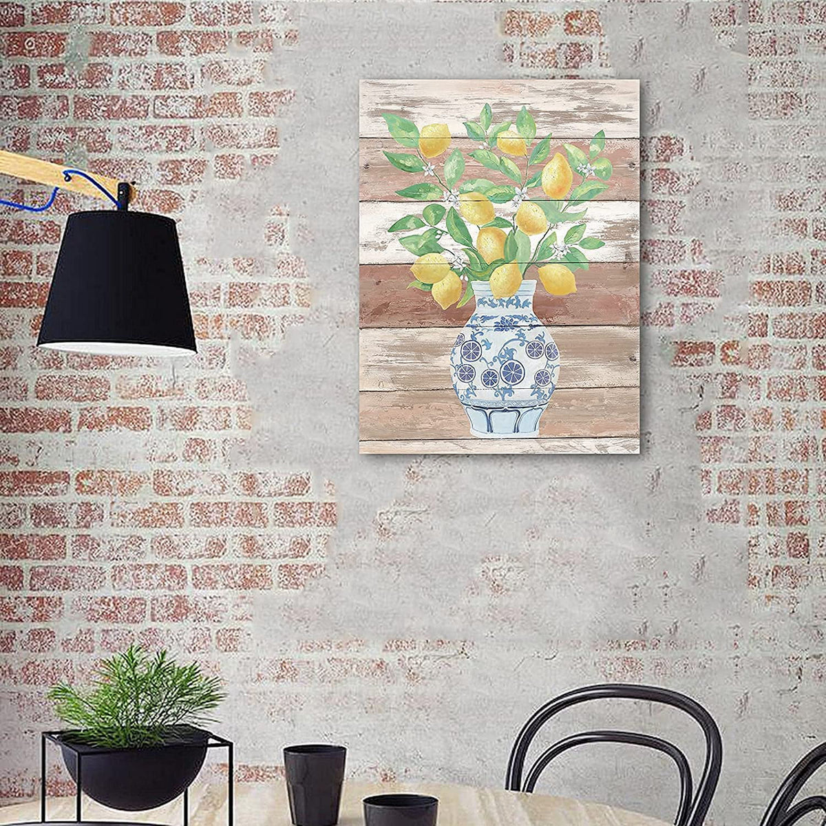 Lemon Wall Art Print Yellow Fruit White Flower Green Leaves Blue And White Porcelain Vase Unframed V254258