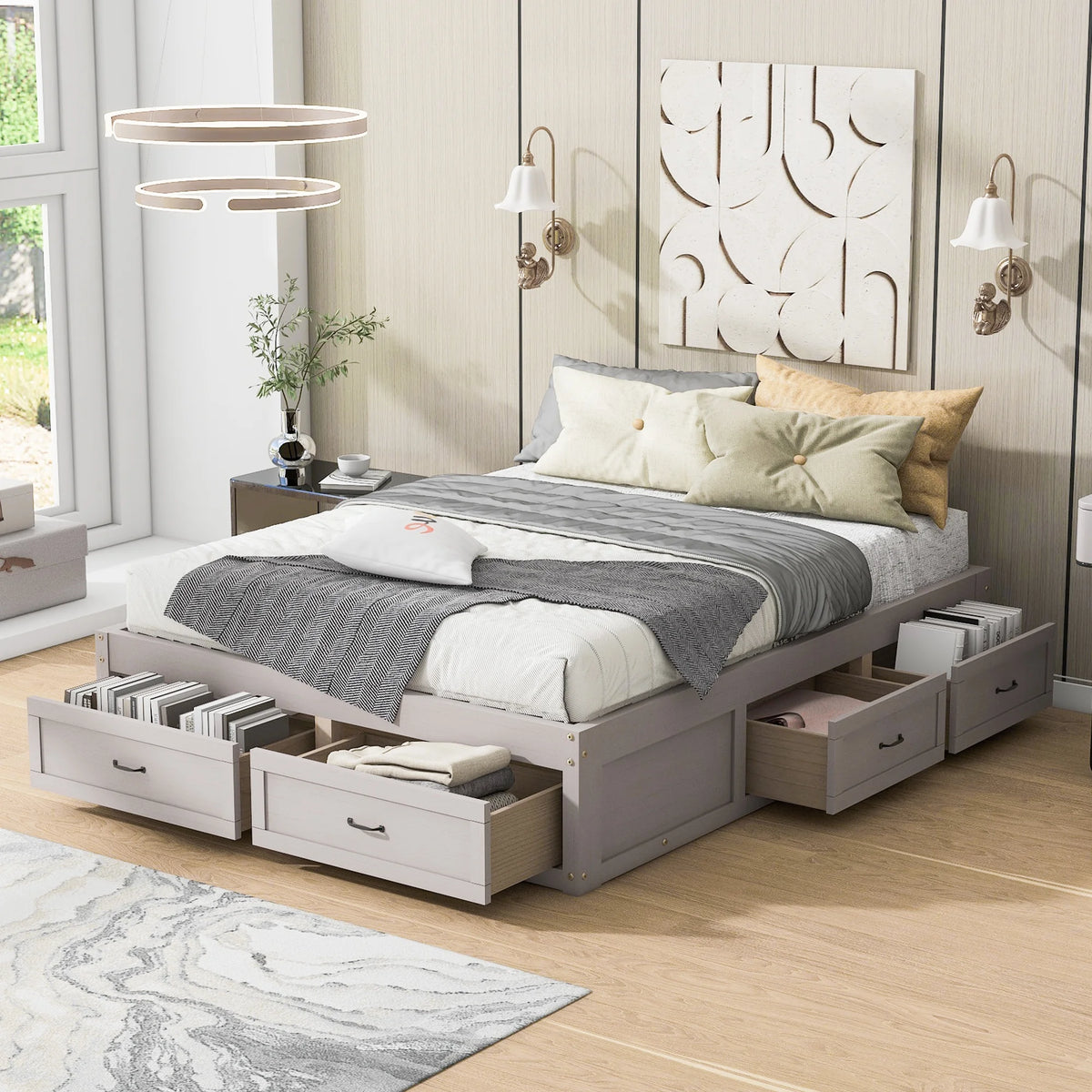 Wood Queen Size Platform Bed with 6 Drawers T31509