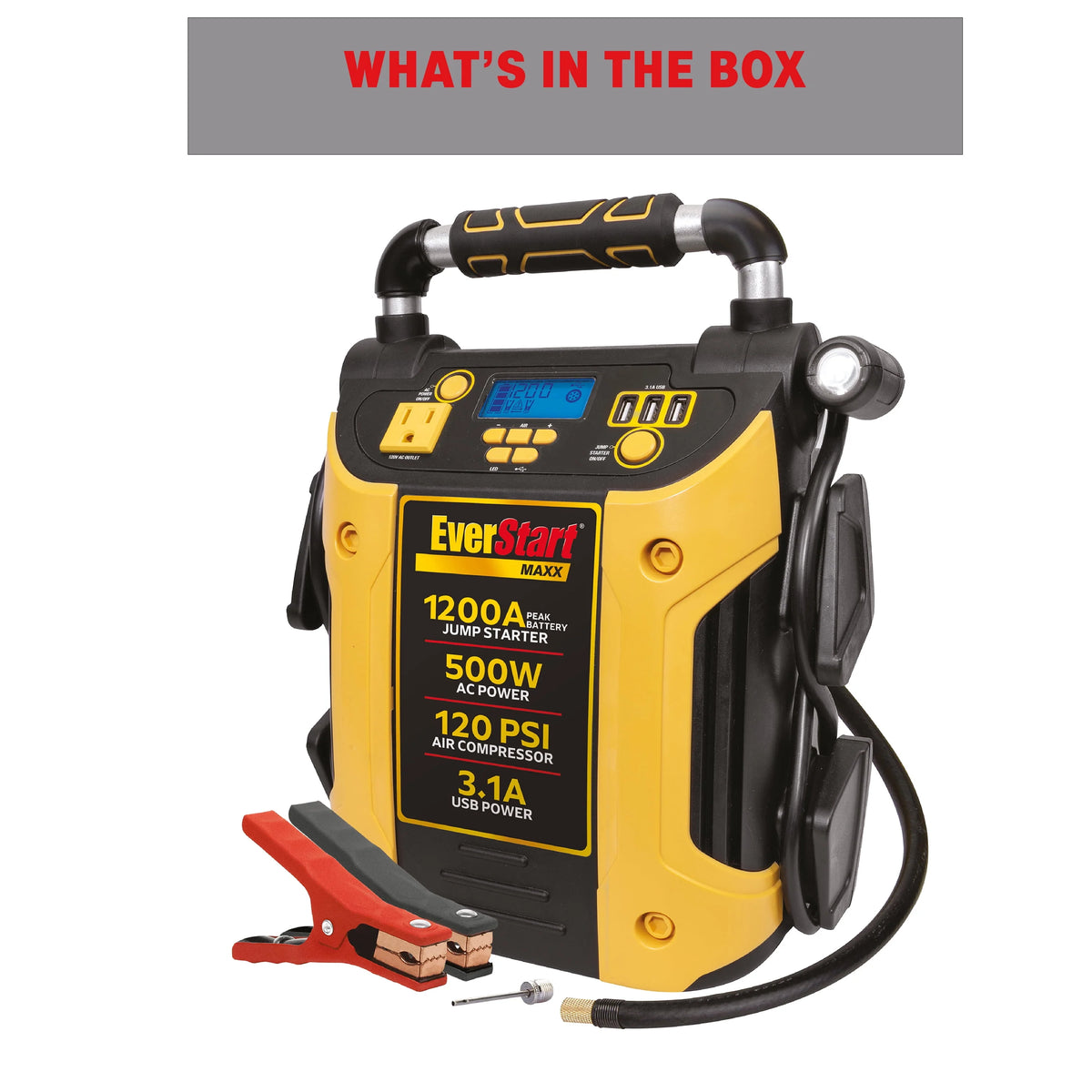 1200 Peak Amps Jump Starter with 500W Inverter and 120 PSI Compressor Q394229