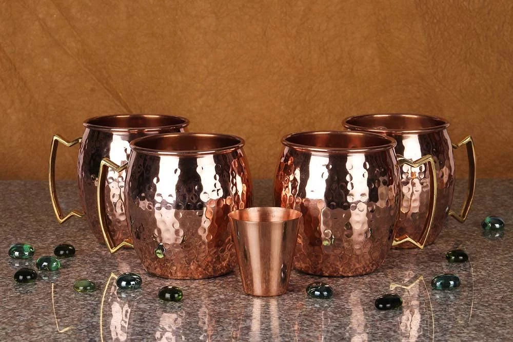 4 Handcrafted Copper Mugs & 4 Copper Straws & Shot Glass S407987