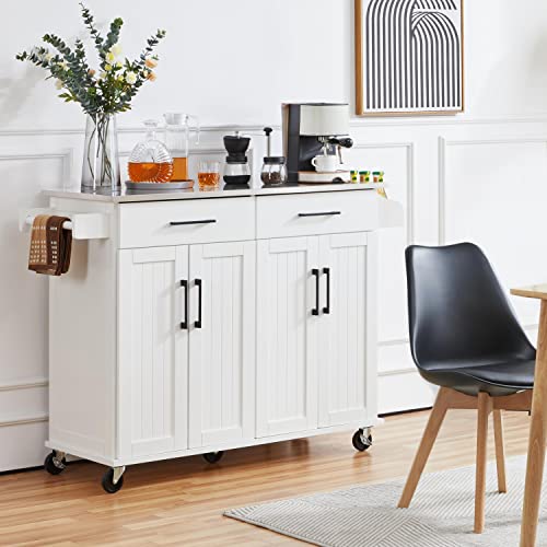 White Kitchen Island Cart with Stainless Steel Countertop Z71983