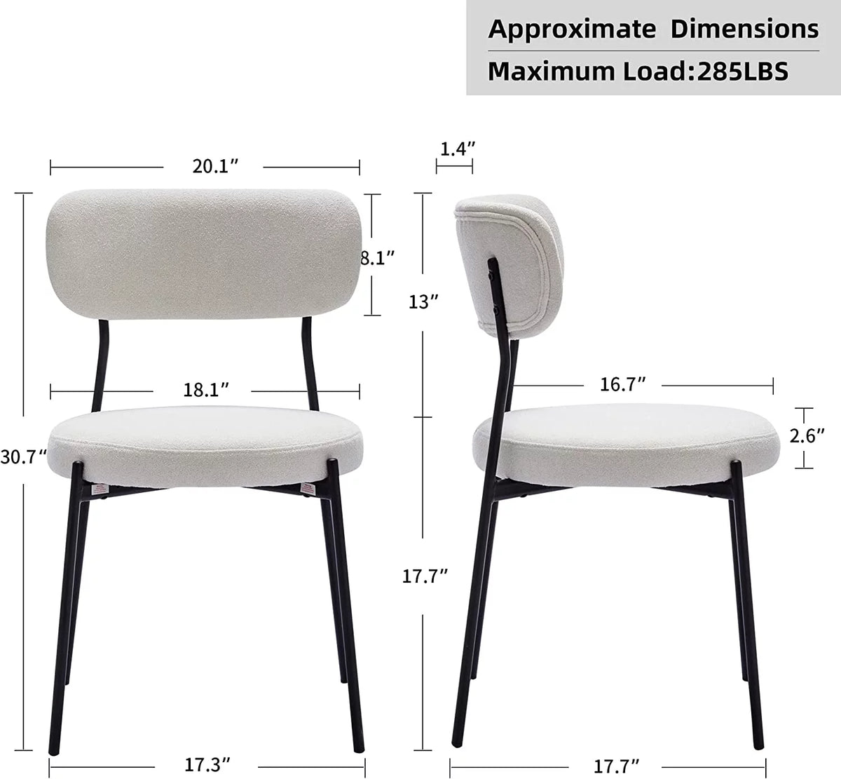 Set of 2 Boucle Upholstered Dining Chairs with Black Metal Legs A745
