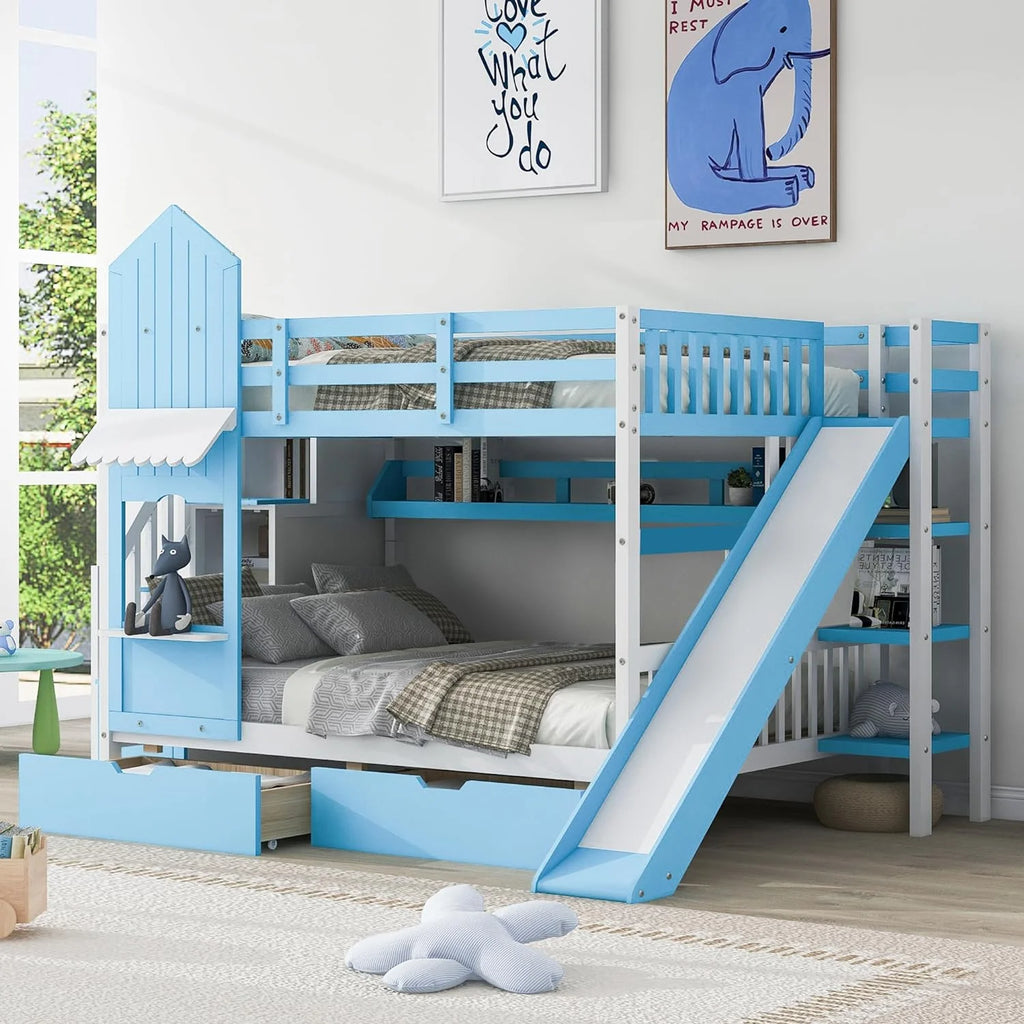 Full Over Full Wooden Bunk Bed with Slide Storage Drawers Shelves Blue M870