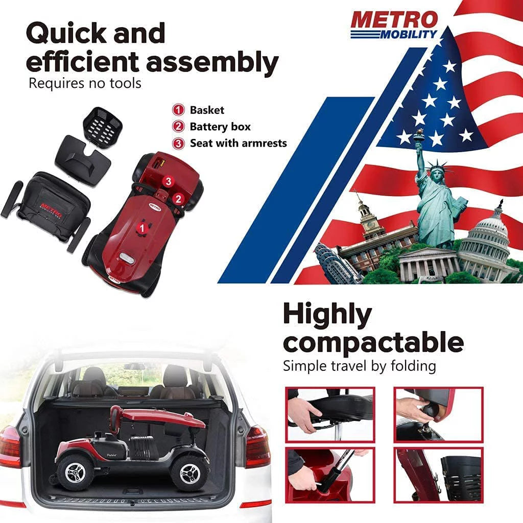 Folding 4 Wheels Mobility Scooter with USB Charging Port, Windshield, LED Light - Red R916