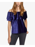 Blue Textured Short Sleeve Off Shoulder Top T7866