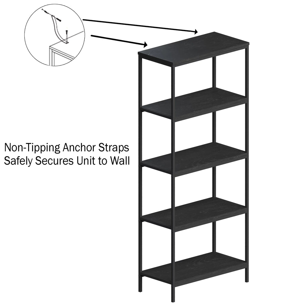 5-Tier Black Woodgrain Bookshelf M38637