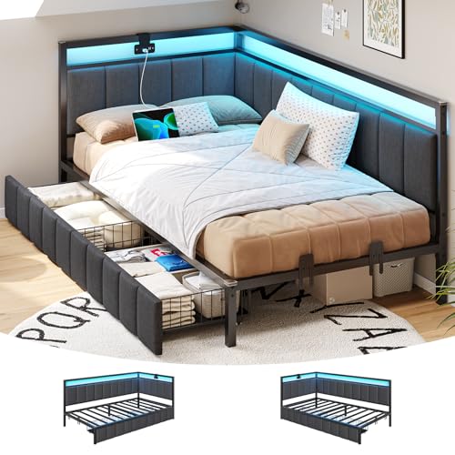 Full Size Corner Bed Frame with 2 Storage Drawers and Charging Station B107722