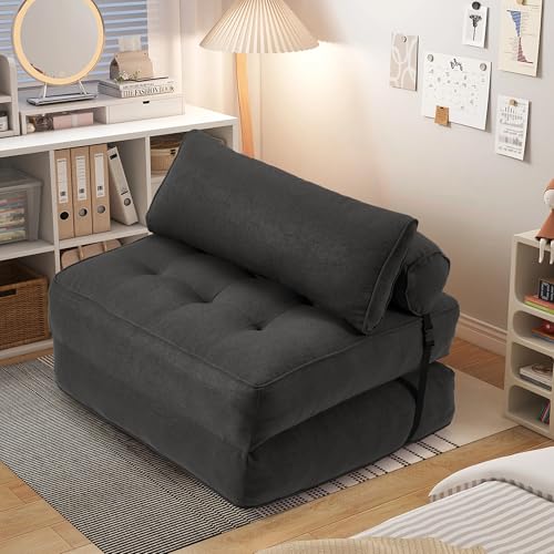 Folding Convertible Sofa Bed with Pillow, Black Linen Fabric V805262