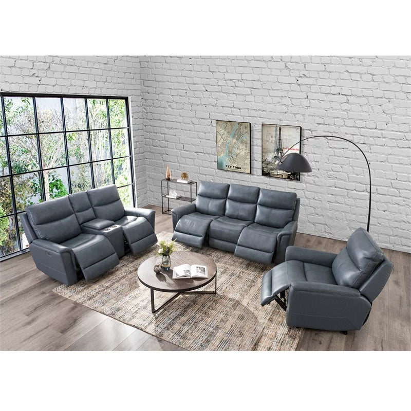 Blue Grey Leather Power Motion Sofa Y7290