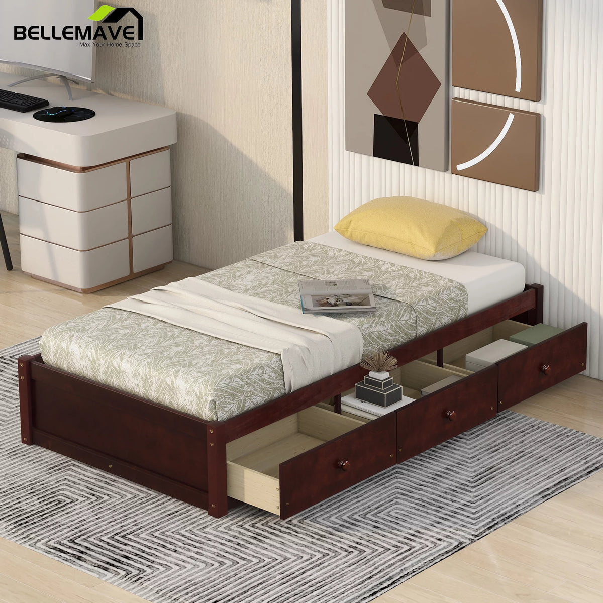 Twin Size Platform Bed with Storage Drawers Wood Bed Frame G1825