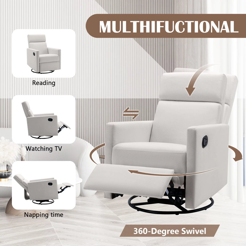 Beige Upholstered Swivel Rocker Recliner Chair D2453