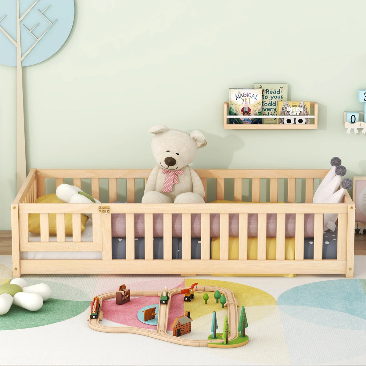 Twin Size Montessori Floor Bed with Guardrails and Door H896