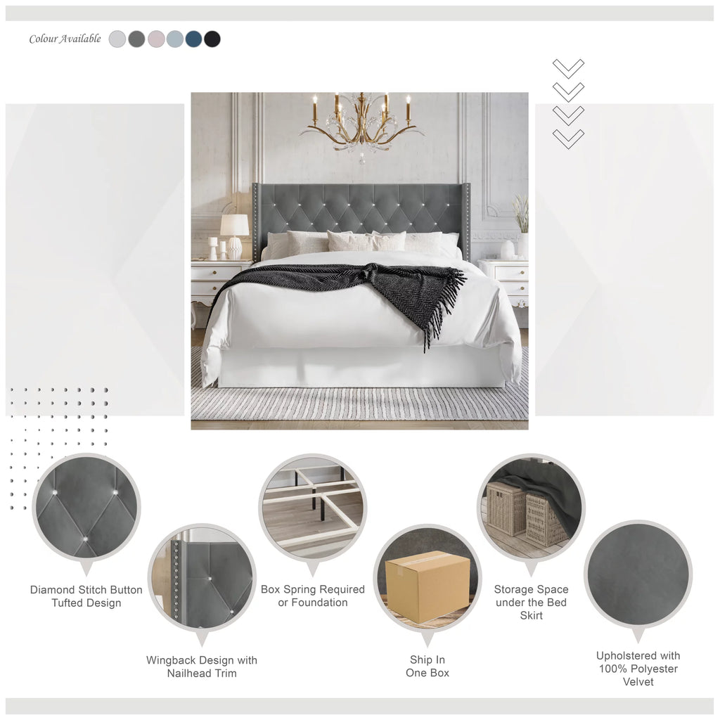 Button Tufted Wingback Velvet Upholstered Queen Bed G13889