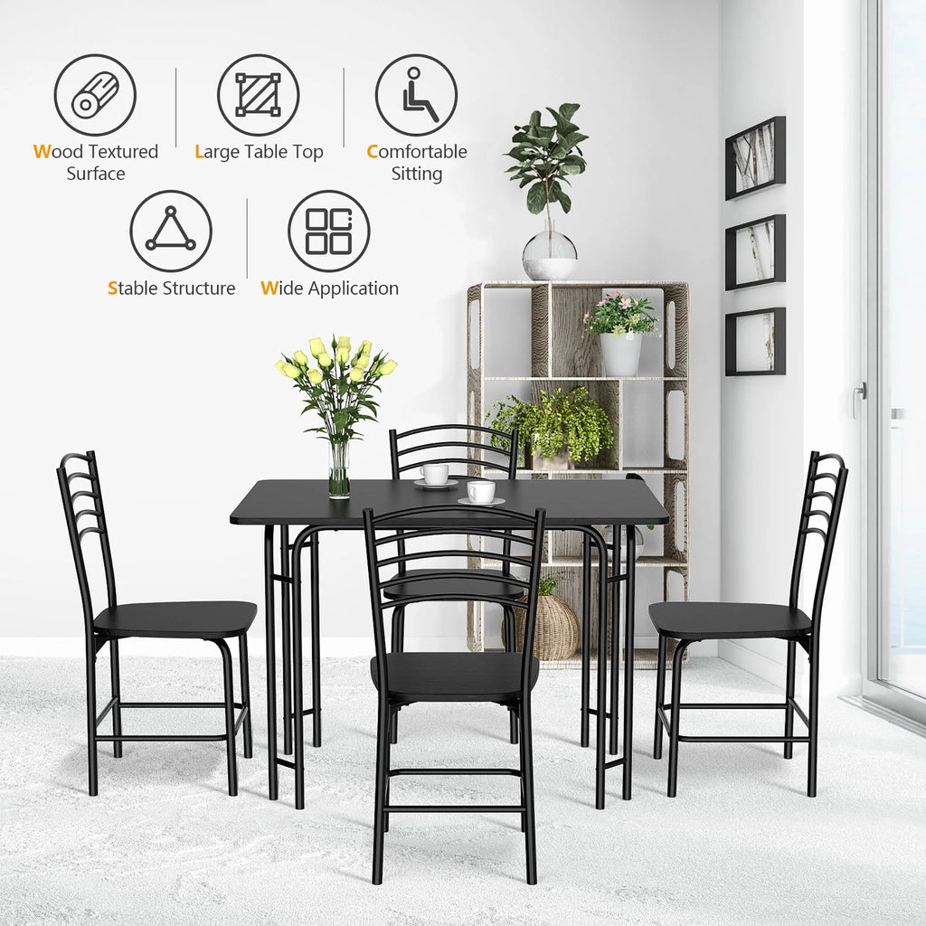 5 Pcs Modern Dining Table Set 4 Chairs Steel Frame Black G206