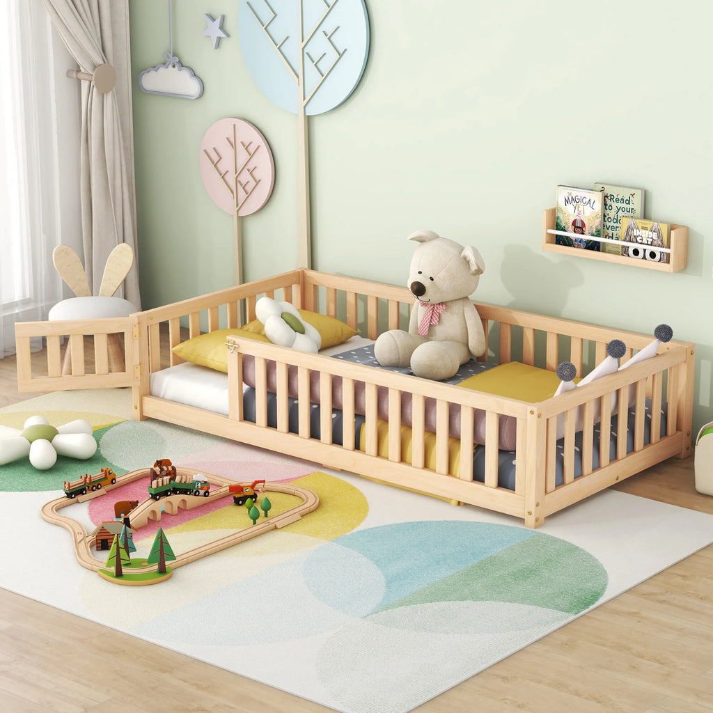Twin Size Montessori Floor Bed with Guardrails and Door H896