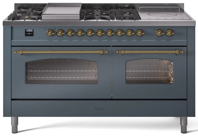 60 Dual Fuel Natural Gas Range Blue Grey Brass Trim B40536