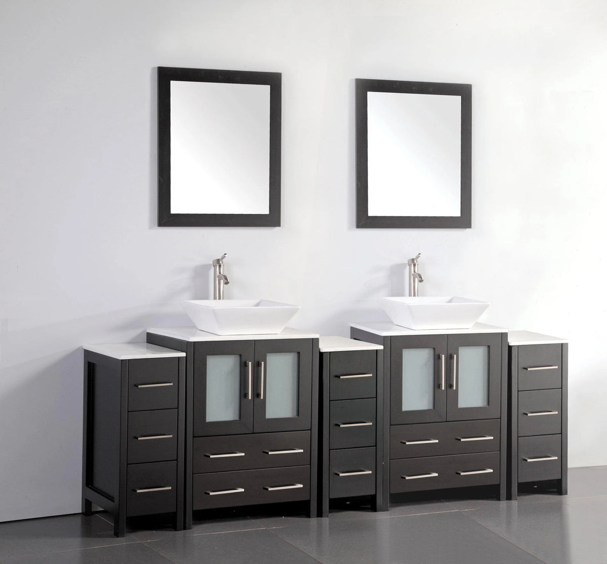 84 in. Espresso Bathroom Vanity with Double Basin White Ceramic Top and Mirrors P4543