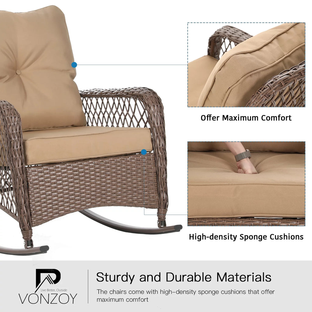 3-Piece Wicker Outdoor Rocking Chairs with Cushions and Table P340