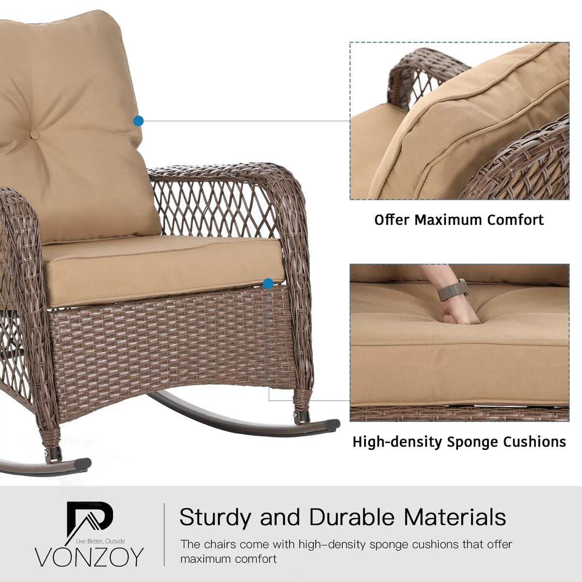 3-Piece Wicker Outdoor Rocking Chairs with Cushions and Table P340