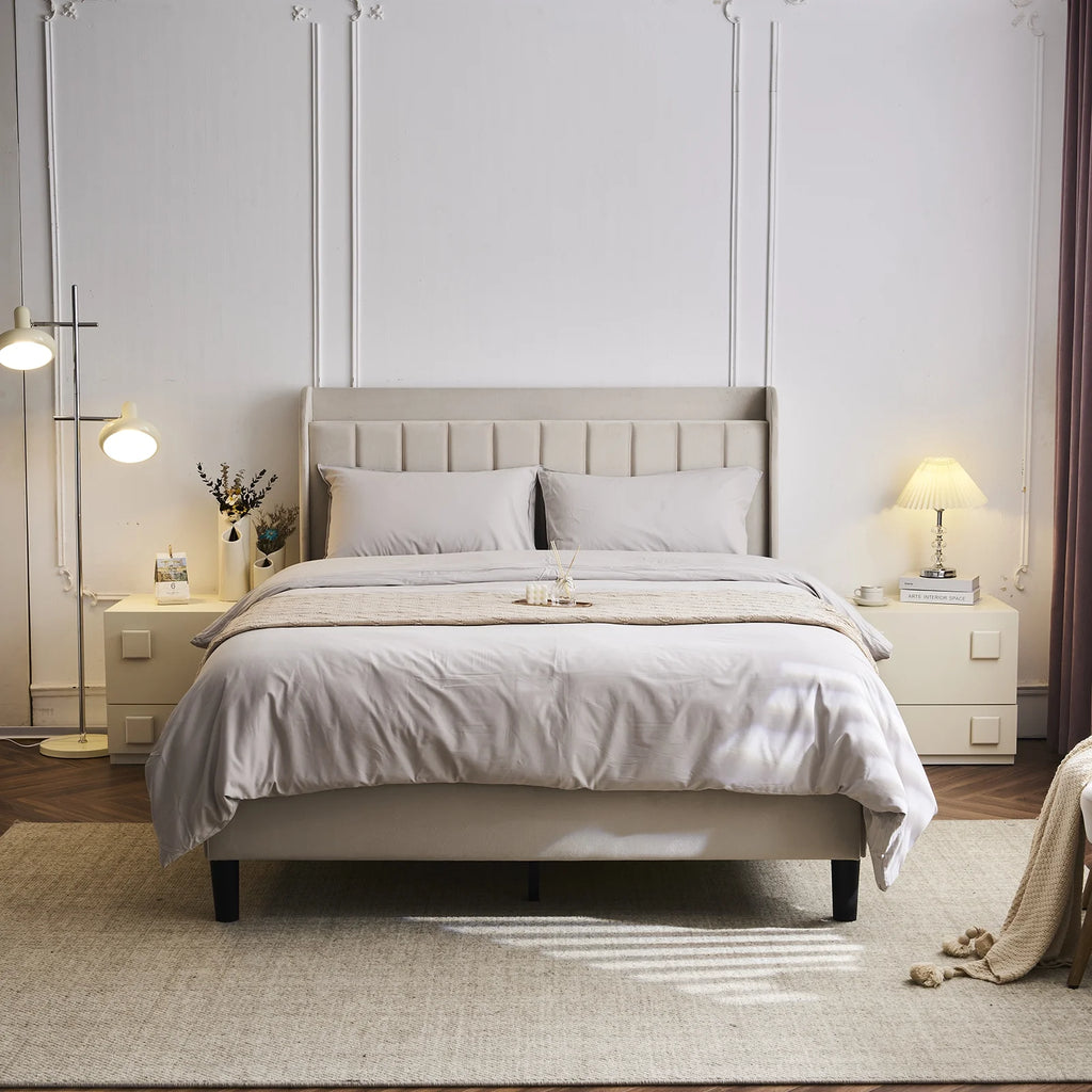 Queen Bed Frame with Charging Station, Upholstered Headboard, Wood Slat Support U925640
