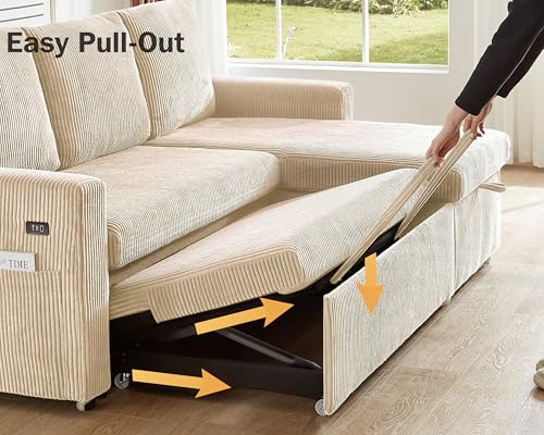 Beige Corduroy L Shaped Sleeper Sofa with Storage Chaise G43945