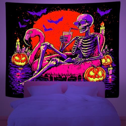 Blacklight UV Reactive Skeleton Pumpkin Bat Tapestry 90x70In Q9694