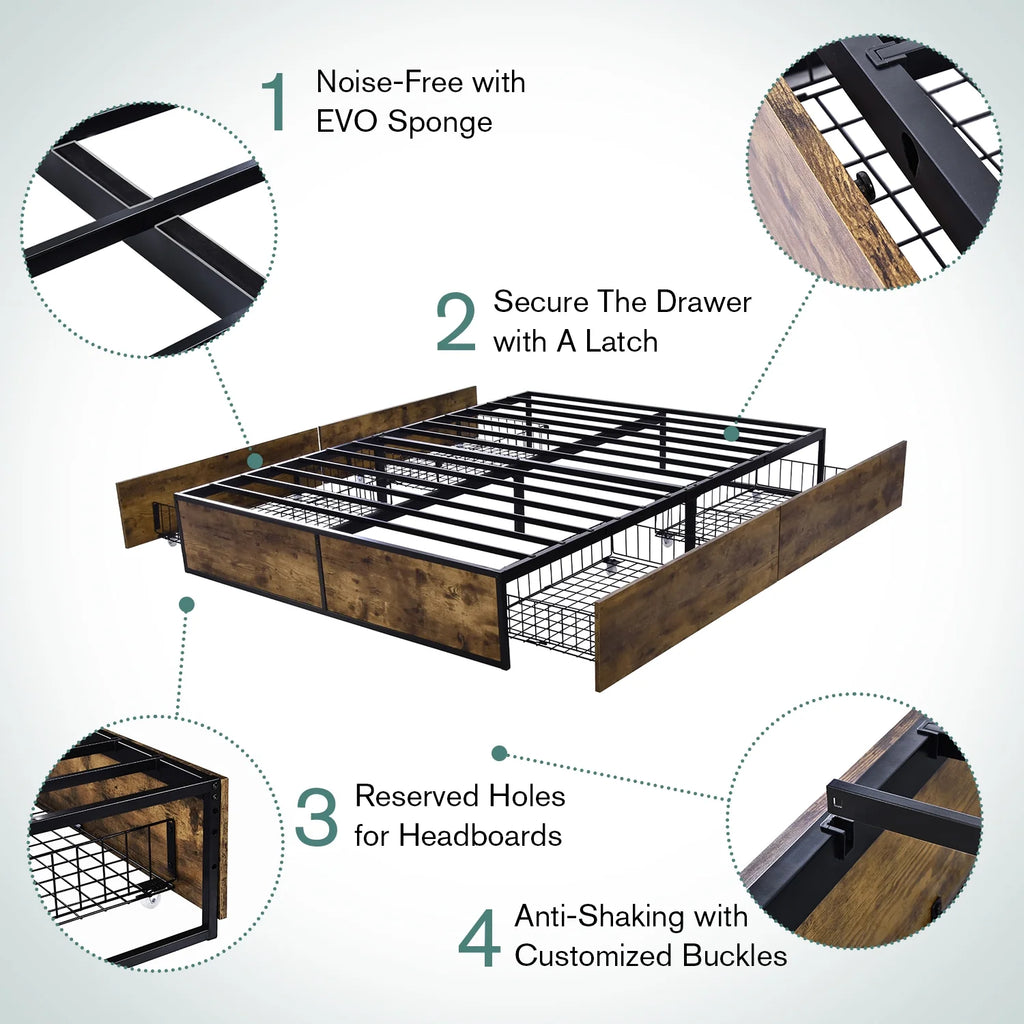 Queen Size Metal Platform Bed Frame with 4 Storage Drawers Q181911
