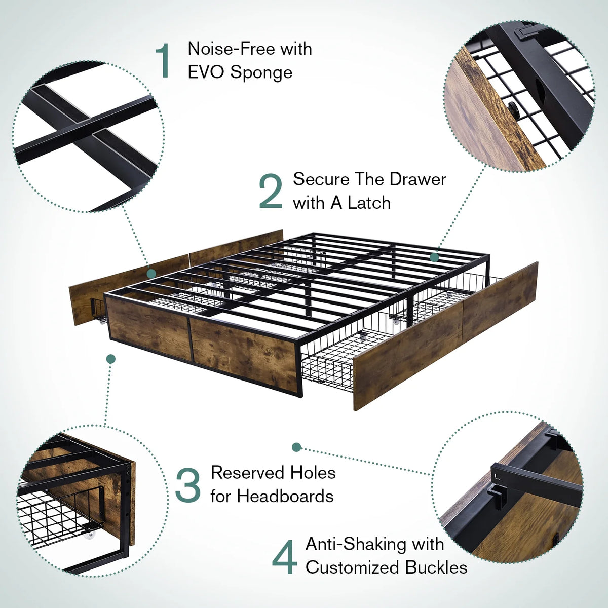 Queen Size Metal Platform Bed Frame with 4 Storage Drawers Q181911