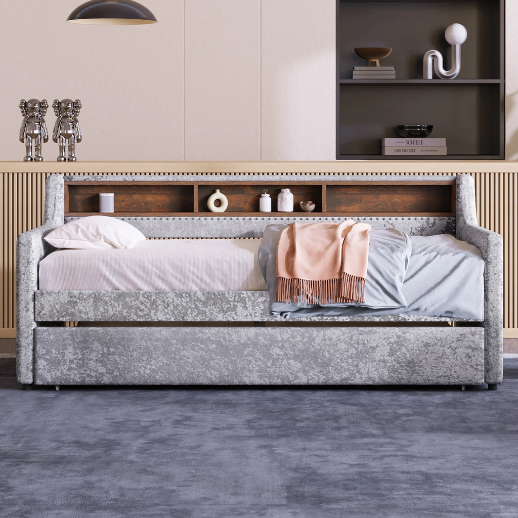 Twin Size Snowflake Velvet Daybed with Trundle and Storage Shelves Gray H8876