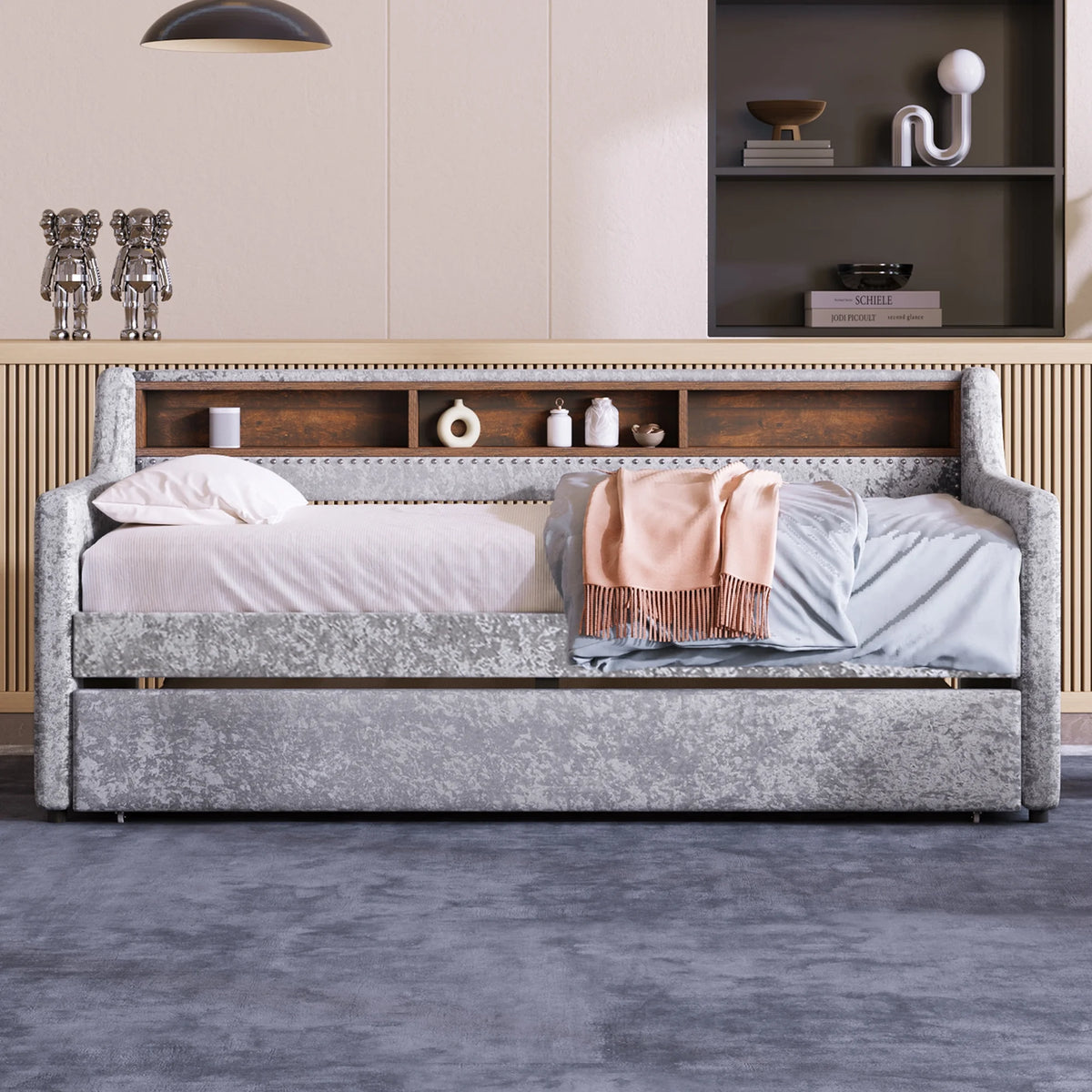 Twin Size Snowflake Velvet Daybed with Trundle and Storage Shelves Gray H8876