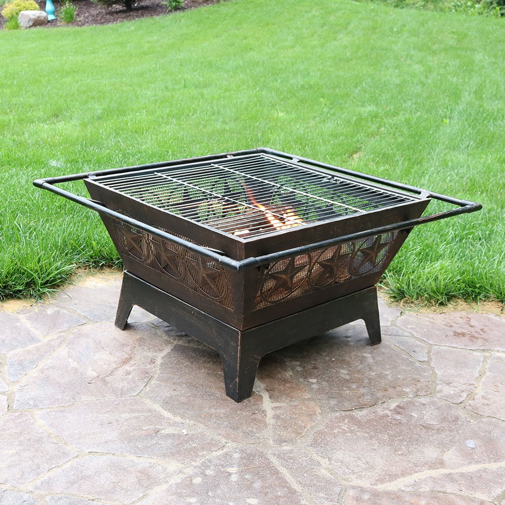 32 Square Outdoor Fire Pit with Cooking Grate & Spark Screen W685