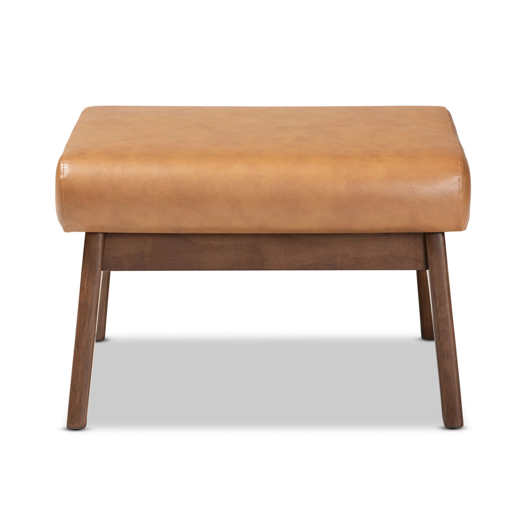 Walnut Brown Wood and Tan Faux Leather Ottoman W9222