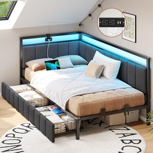 Full Size Corner Bed Frame with 2 Storage Drawers and Charging Station B107722
