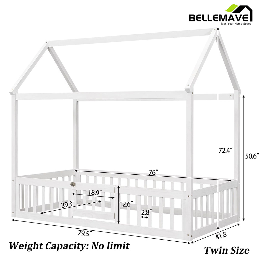 Twin House Floor Bed with Rails and Door A495306