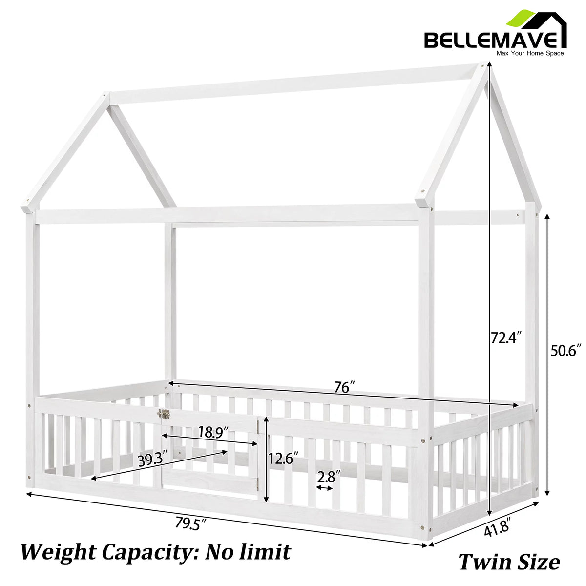 Twin House Floor Bed with Rails and Door A495306