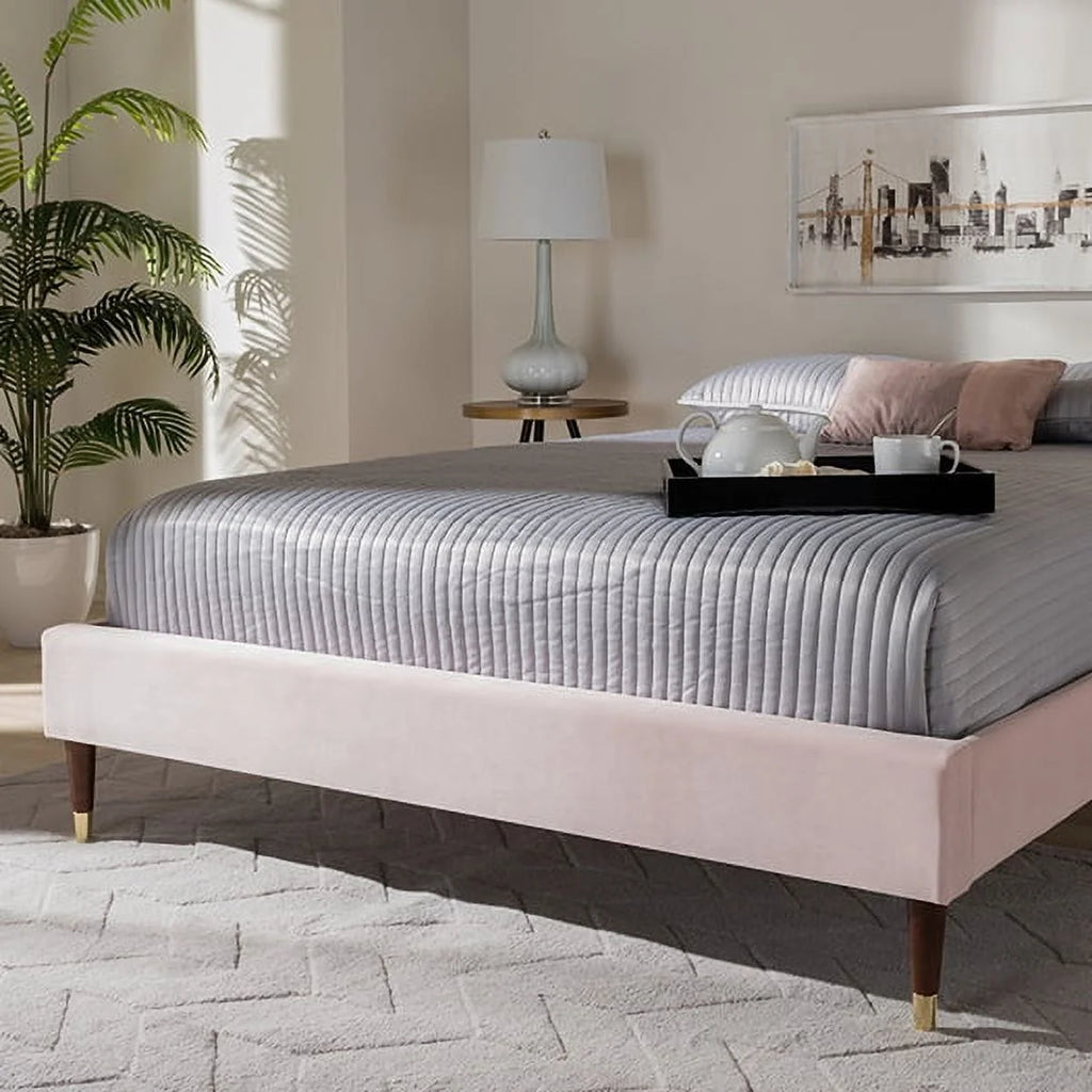 Light Pink Velvet Upholstered Full Size Wood Platform Bed Frame T229