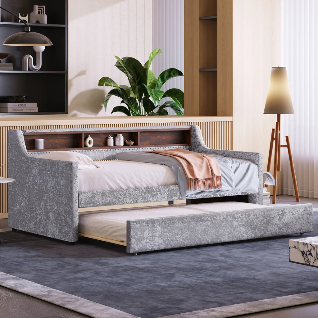 Twin Size Snowflake Velvet Daybed with Trundle and Storage Shelves Gray H8876