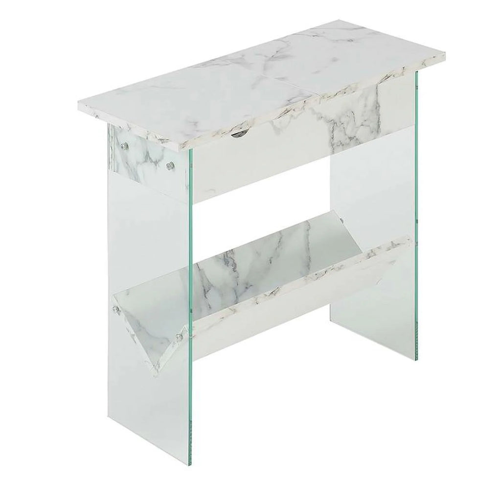 White Faux Marble Wood End Table with Clear Glass B477