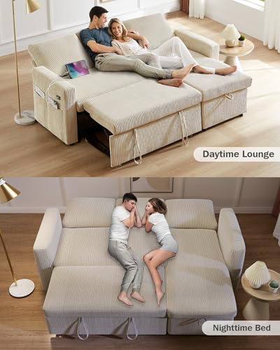 Beige Corduroy L Shaped Sleeper Sofa with Storage Chaise G43945