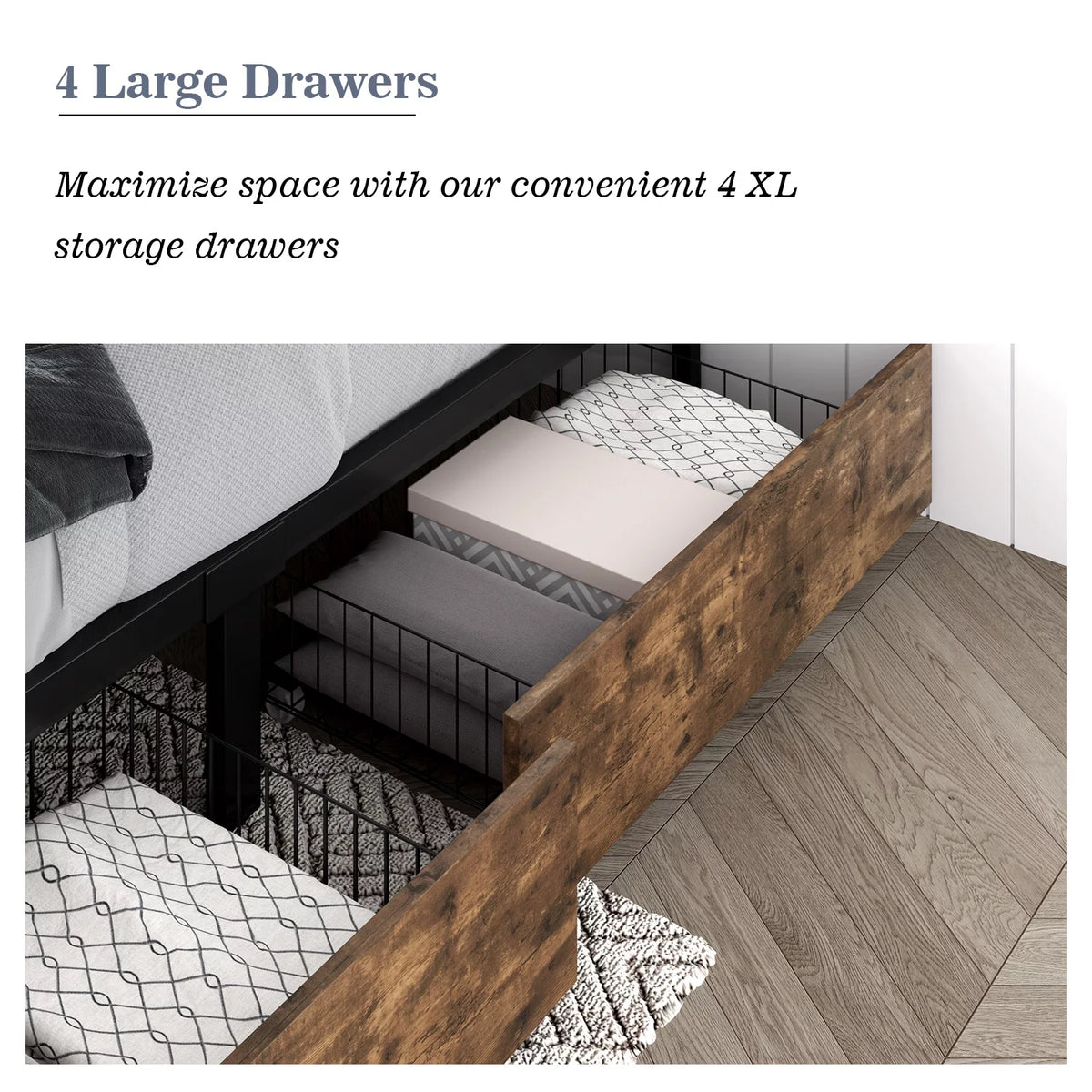 Queen Size Metal Platform Bed Frame with 4 Storage Drawers Q181911