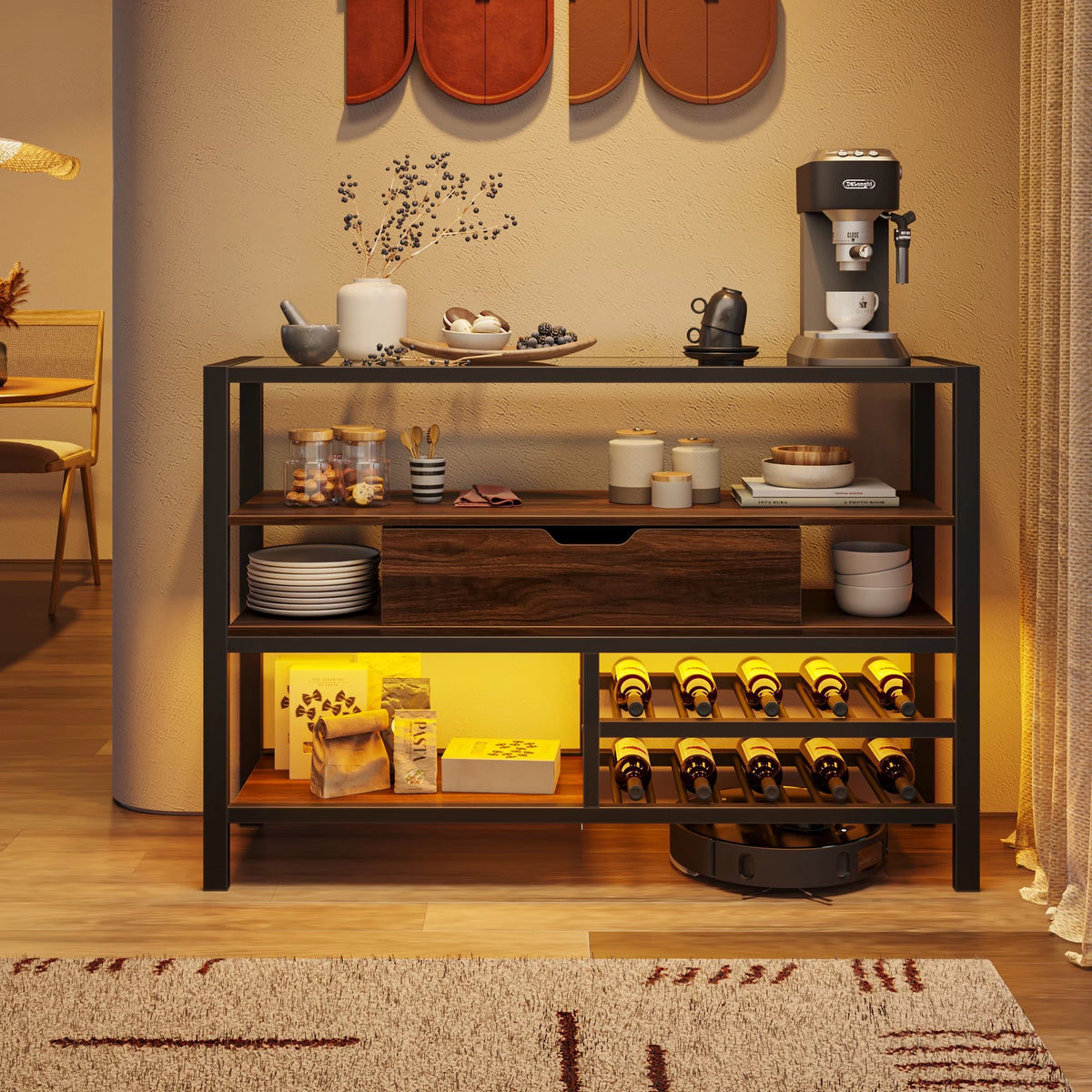 Glass Top Console Table with Wine Rack & Storage Cabinet W99968