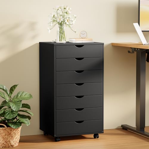 Black 7 Drawer Wood Dresser with Wheels N70980