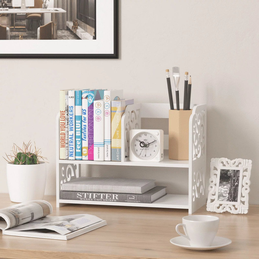 Small Desktop Organizer Bookshelf Storage Rack Wood Display Shelf O3939