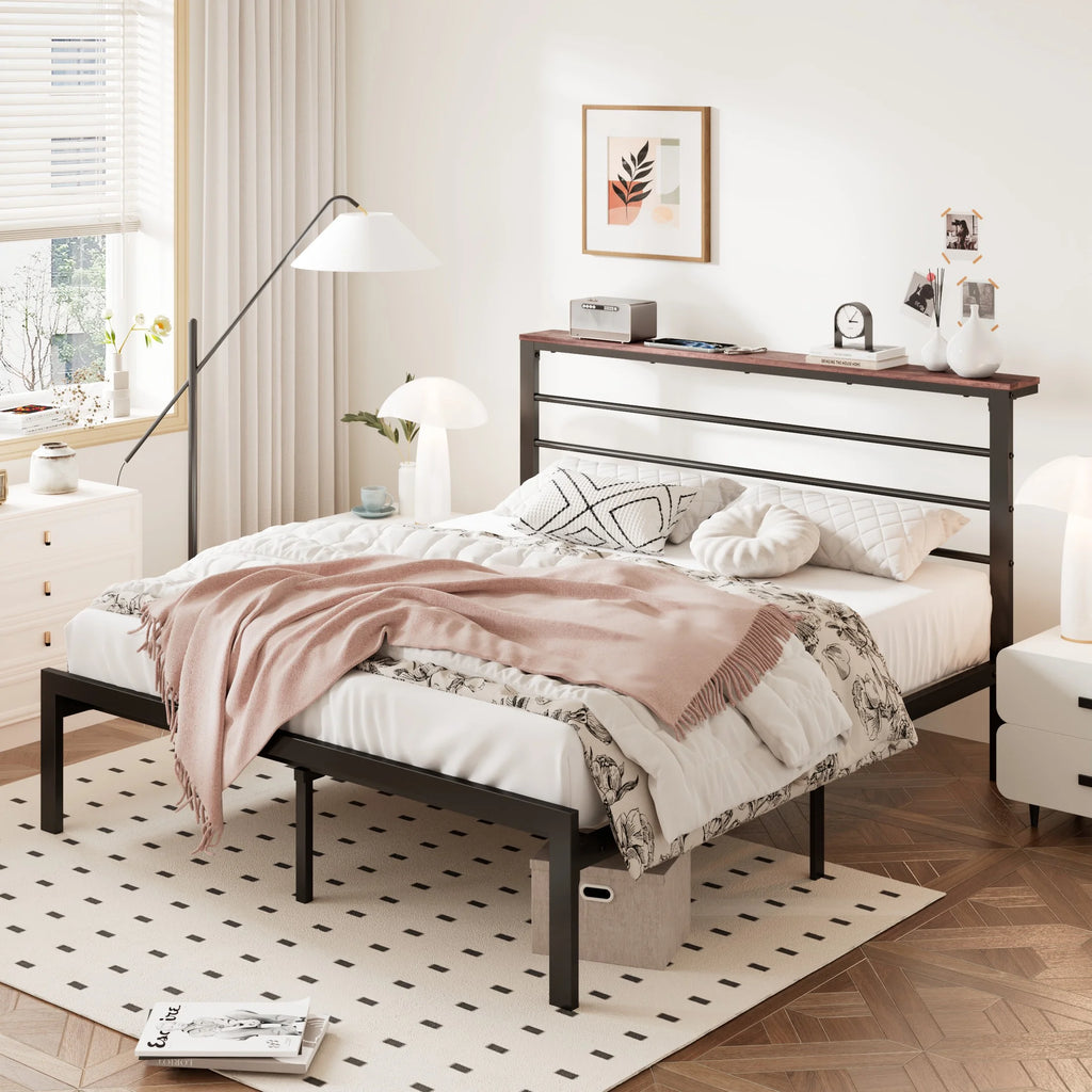 Queen Size Metal Platform Bed Frame with Brown Shelf Headboard N250