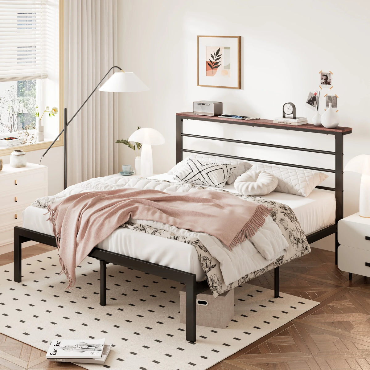 Queen Size Metal Platform Bed Frame with Brown Shelf Headboard N250