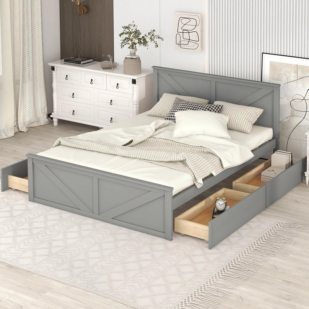 Wood Queen Bed Frame with 4 Storage Drawers G245