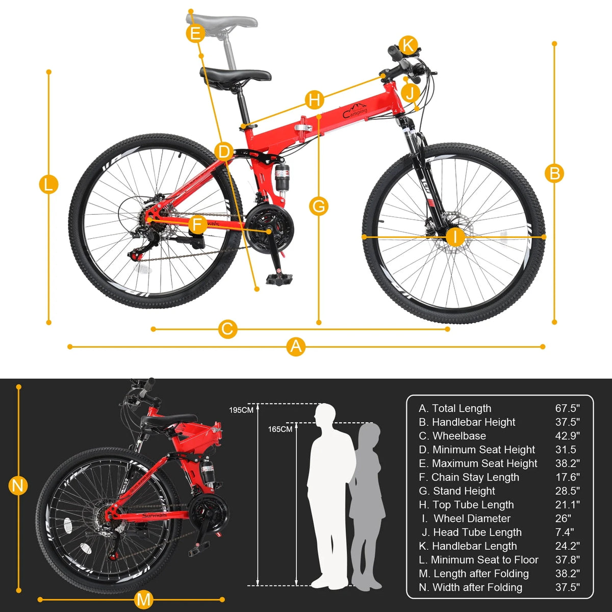 Folding Mountain Bike 21-Speed 26 inch Wheels Red C7726